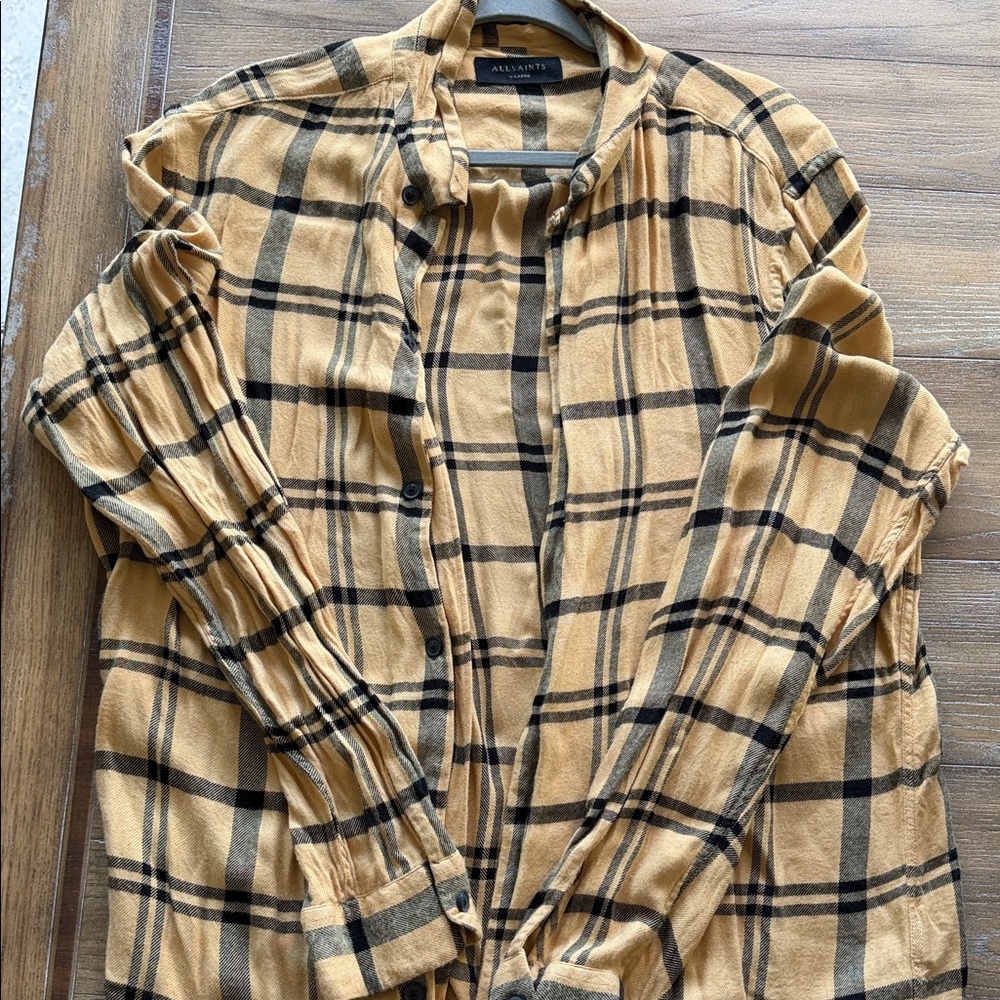 All Saints Men’s Mustard Plaid Button-Down Shirt